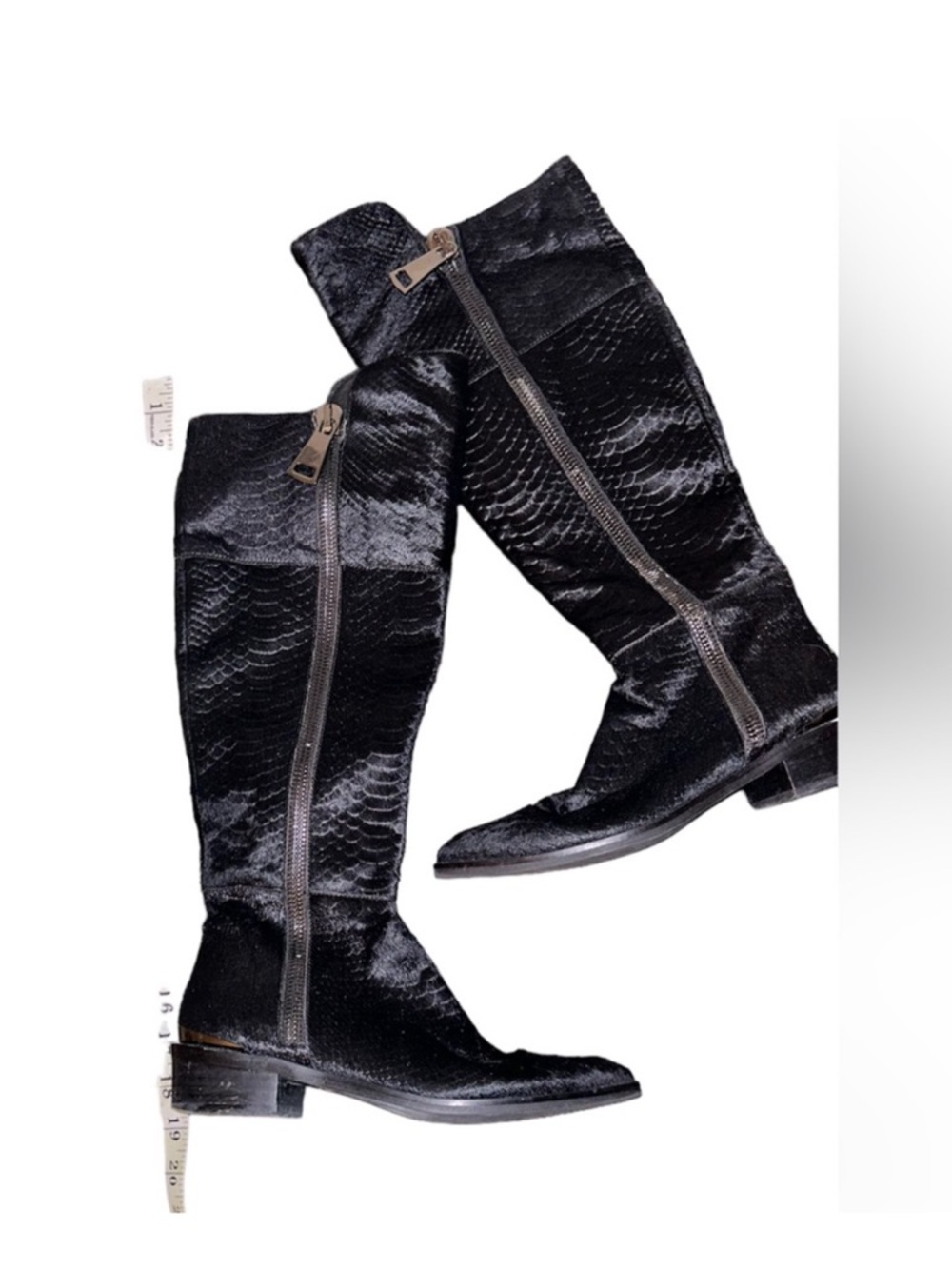 Alma en Pena Black knee high Zipper Riding Boots, leather & real fur size EU36